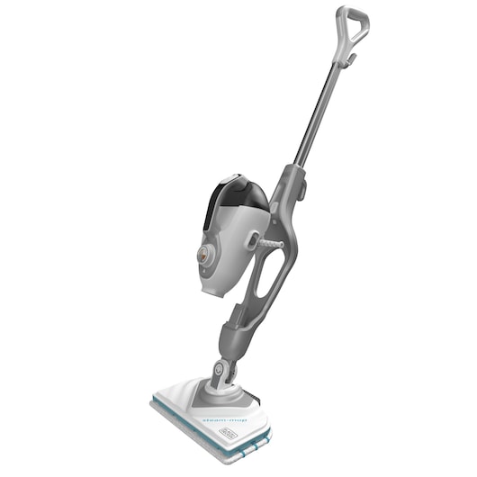 A BLACK+DECKER BHSM168D steam mop with a detachable handheld unit, shown in gray and white colors with blue accents, designed for cleaning floors.