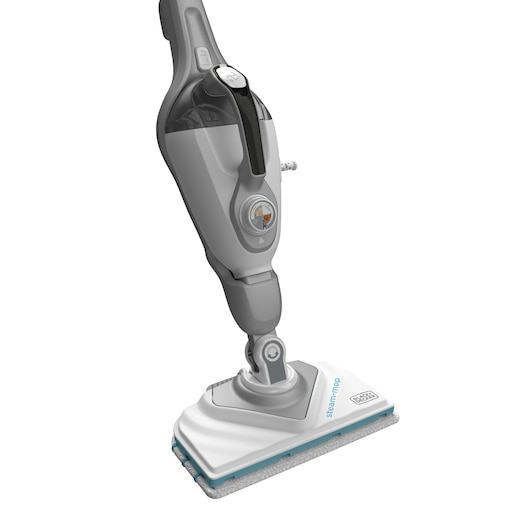 A close-up view of a BLACK+DECKER steam mop, model BHSM168D, featuring a grey and white design with a microfiber cleaning pad attached to the mop head.