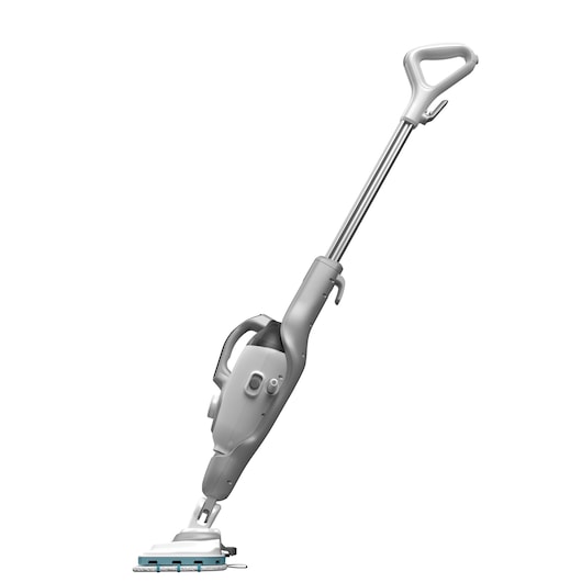A grey upright steam mop with a triangular handle and rectangular cleaning head, shown on a white background.