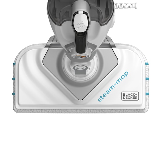 Close-up view of the head of a BLACK+DECKER steam mop, showing the steam-mop label and rectangular cleaning pad.