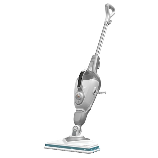 A BLACK+DECKER steam mop BHSM168D with a grey and white finish, featuring an ergonomic handle and rectangular cleaning pad.