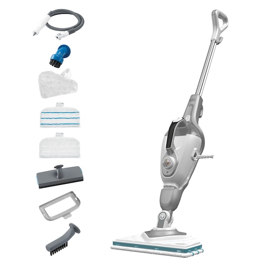 A BLACK+DECKER steam mop with multiple accessories, including different brush heads, mop pads, a hose, and cleaning attachments, displayed together.