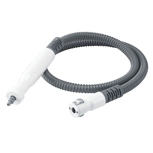 A flexible, coiled hose attachment with white and gray fittings, designed for use with a cleaning or steaming appliance.