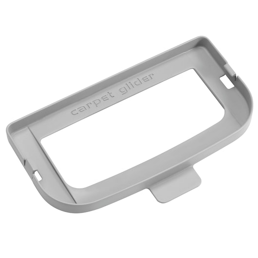A gray plastic carpet glider attachment with an open rectangular center, designed for use with cleaning appliances. The words 'carpet glider' are embossed on the top surface.