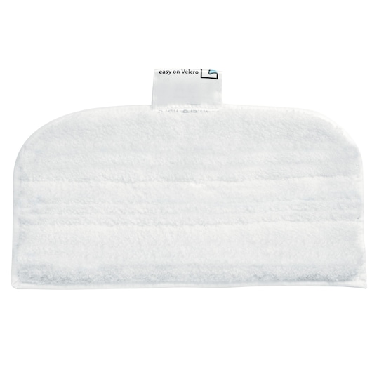 A white microfiber cleaning pad with a Velcro attachment tab, designed for use with a steam mop.