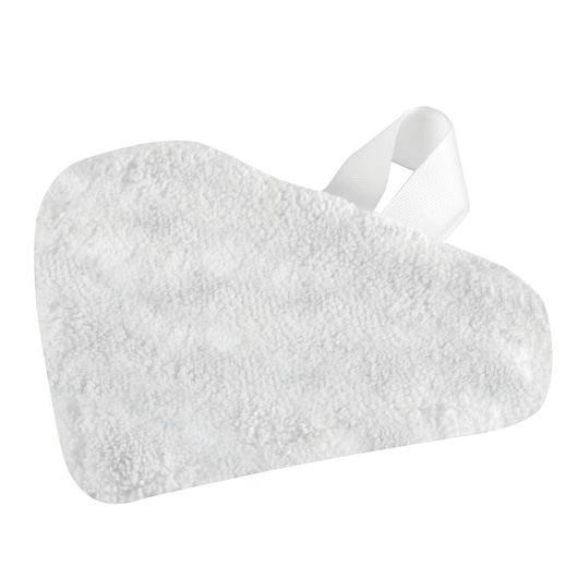 A close-up image of a white microfiber steam mop pad with a textured surface and a white fabric loop for attachment.