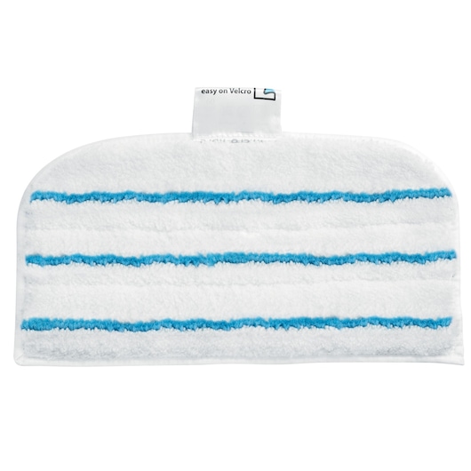 A white microfiber mop pad with four horizontal blue stripes, designed for attachment to a cleaning device using Velcro.
