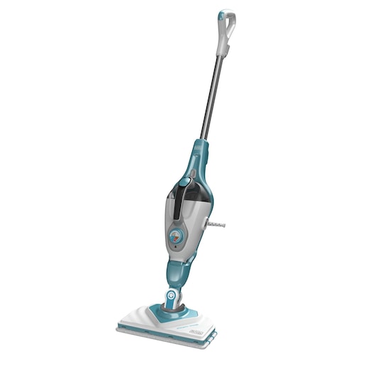 A steam mop with a long handle and rectangular cleaning head, shown in blue and white colors.