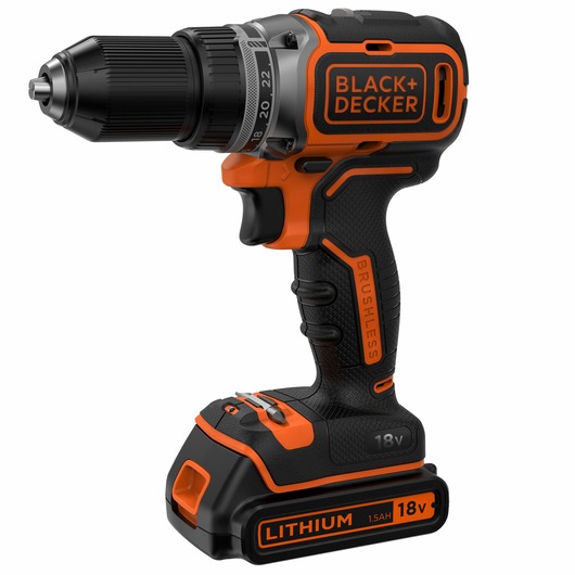 BLACK+DECKER 18V cordless brushless power drill with a lithium 1.5Ah battery, featuring an ergonomic black and orange design.