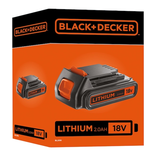 BLACK+DECKER BL2018 lithium 18V 2.0Ah battery pack retail packaging, orange and black colors, front angle.