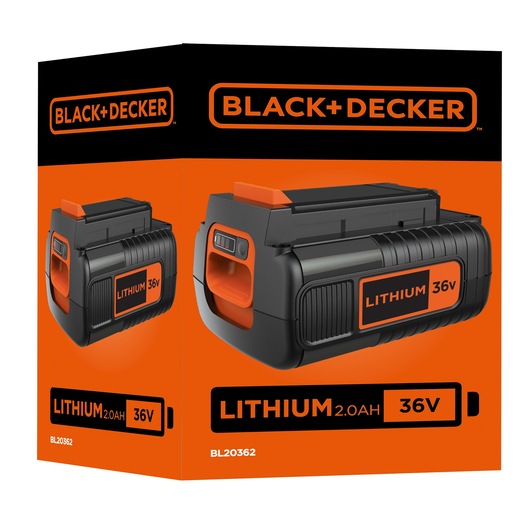 BLACK+DECKER BL20362 lithium 36V 2.0Ah battery packaging, black and orange box, angled view.