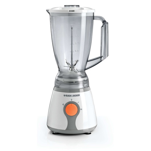 A BLACK+DECKER countertop blender with a transparent plastic jar, measurement markings, and a white base featuring a large orange dial.