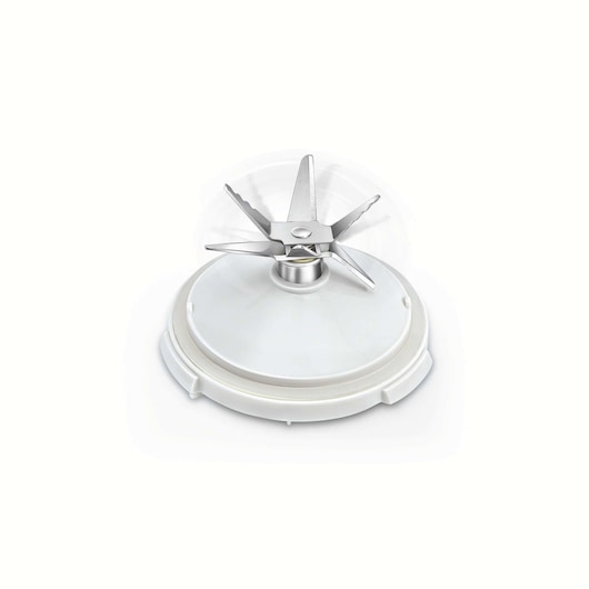 A close-up view of a blender blade assembly with multiple sharp stainless steel blades attached to a round white base, photographed on a plain white background.