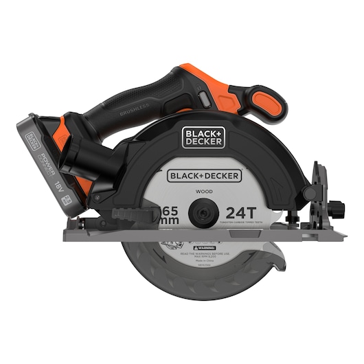 A BLACK+DECKER cordless circular saw with a black and orange handle, an 18V lithium battery, and a 165mm blade with 24 tungsten carbide teeth, designed for cutting wood.