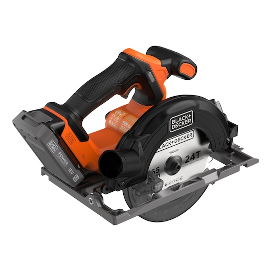 A BLACK+DECKER cordless circular saw with an 18V battery and a black and orange handle. The saw has a 24-tooth blade, designed for cutting wood.
