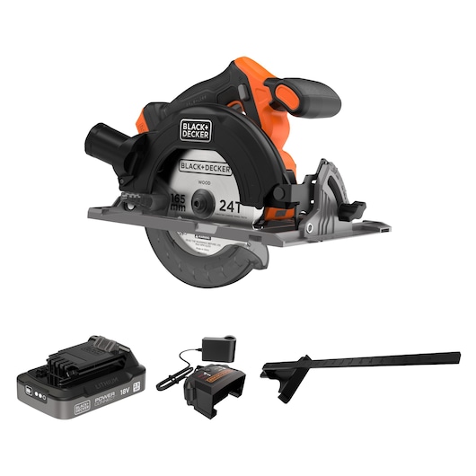 BLACK+DECKER BLCCS78E1 cordless circular saw kit with 18V battery, charger, and rip fence, angled on white background.