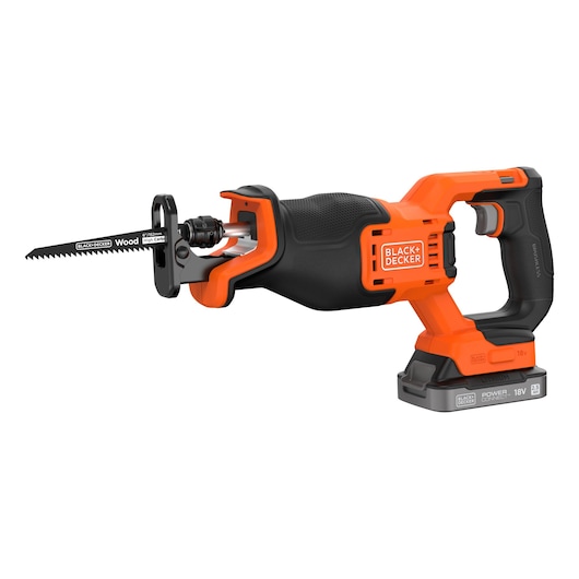 Front-side view of the BLACK+DECKER� 18V POWERCONNECT� Brushless Reciprocating Saw with 6"/152mm wood blade.