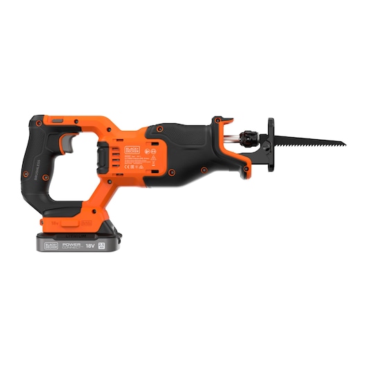 Side view of the BLACK+DECKER� 18V POWERCONNECT� Brushless Reciprocating Saw with 6"/152mm wood blade, facing right.