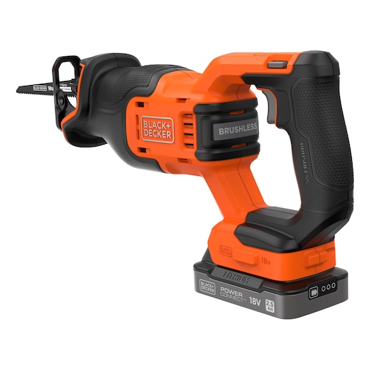 Rear-side view of the BLACK+DECKER� 18V POWERCONNECT� Brushless Reciprocating Saw with 6"/152mm wood blade.