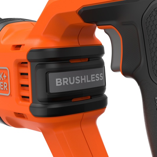 BLACK+DECKER BLCR78E1 brushless power tool handle close-up, orange and black, product photography.