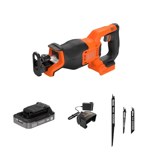 BLACK+DECKER BLCR78E1 cordless reciprocating saw set with charger, battery, and three saw blades, white background.