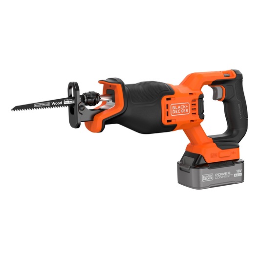 Front-side view of the BLACK+DECKER� 18V POWERCONNECT� Brushless Reciprocating Saw with 6"/152mm wood blade.