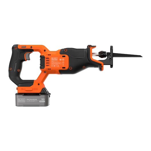 Side view of the BLACK+DECKER� 18V POWERCONNECT� Brushless Reciprocating Saw with 6"/152mm wood blade, facing right.