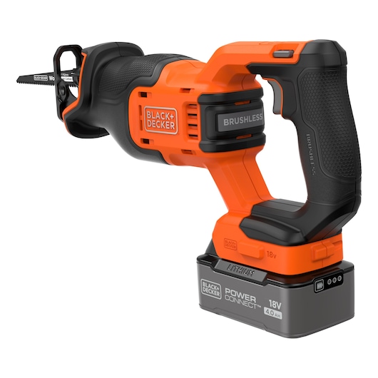 Rear-side view of the BLACK+DECKER� 18V POWERCONNECT� Brushless Reciprocating Saw with 6"/152mm wood blade.