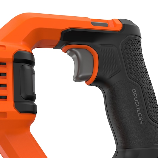 BLACKDECKER BLCR78M1 power tool handle close-up, black and orange, textured grip, white background.