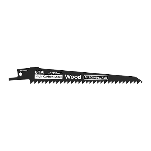 BLACK+DECKER BLCR78M1 wood saw blade, 6 inch high carbon steel, 6TPI, side angle on white background.