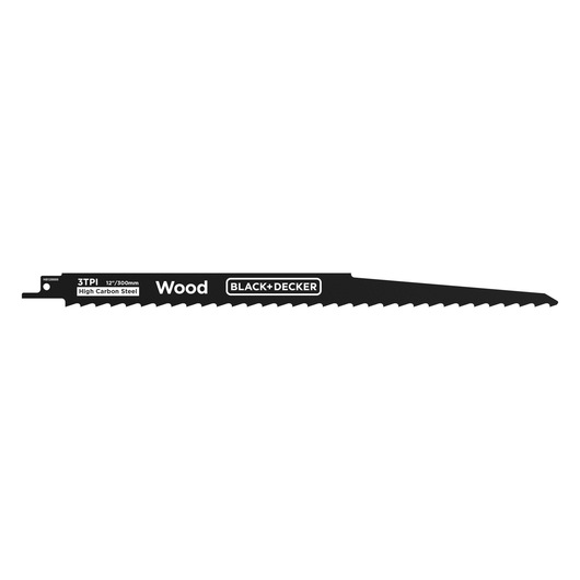 Photo of BLACK+DECKER BLCR78M1 wood-cutting saw blade, black, 12 inch, high carbon steel, side view.