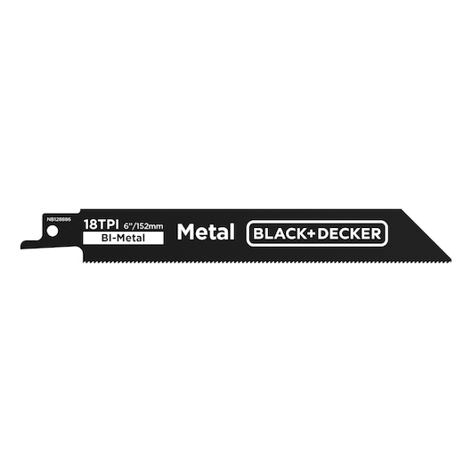 Photo of BLACK+DECKER BLCR78M1 bi-metal reciprocating saw blade for metal, black, 6 inch, side angle, white background.
