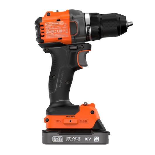 Side view of the BLACK+DECKER® 18V POWERCONNECT™ Brushless Drill Driver, facing right.