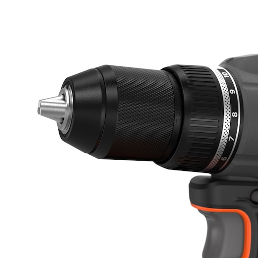 Close-up of the chuck of the BLACK+DECKER� 18V POWERCONNECT� Brushless Drill Driver.