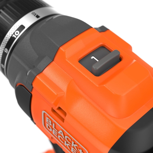Close-up of the gear switch of the BLACK+DECKER� 18V POWERCONNECT� Brushless Drill Driver.