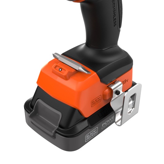 Close-up of the base, belt clip, and battery of the BLACK+DECKER� 18V POWERCONNECT� Brushless Drill Driver.