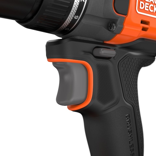 Close-up of the trigger of the BLACK+DECKER� 18V POWERCONNECT� Brushless Drill Driver.