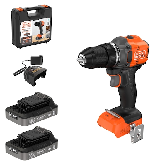 BLACKDECKER cordless drill kit BLD782E2K with carry case, charger, and two 18V lithium batteries, front angle.