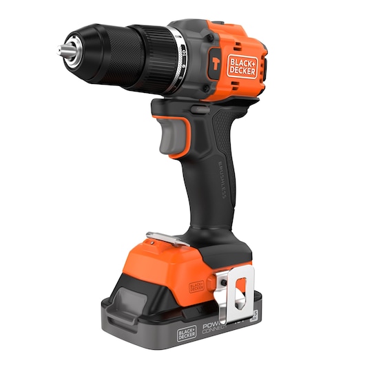 Front-side view of the BLACK+DECKER® 18V POWERCONNECT™ Brushless Hammer Drill.