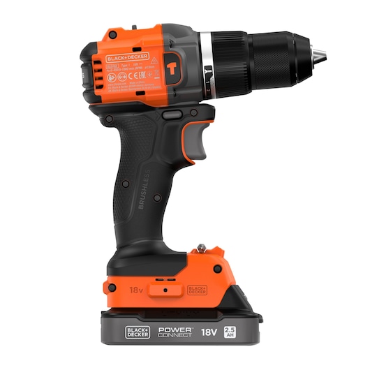 Side view of the BLACK+DECKER® 18V POWERCONNECT™ Brushless Hammer Drill, facing right.