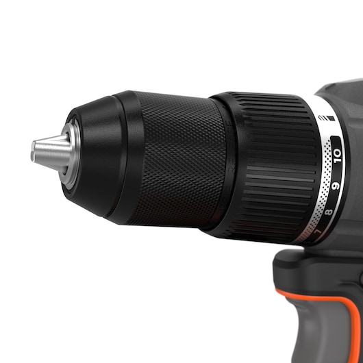 Close-up of the chuck of the BLACK+DECKER� 18V POWERCONNECT� Brushless Hammer Drill.