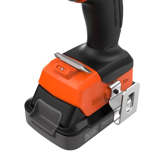 Close-up of the base, belt clip, and battery of the BLACK+DECKER� 18V POWERCONNECT� Brushless Hammer Drill.