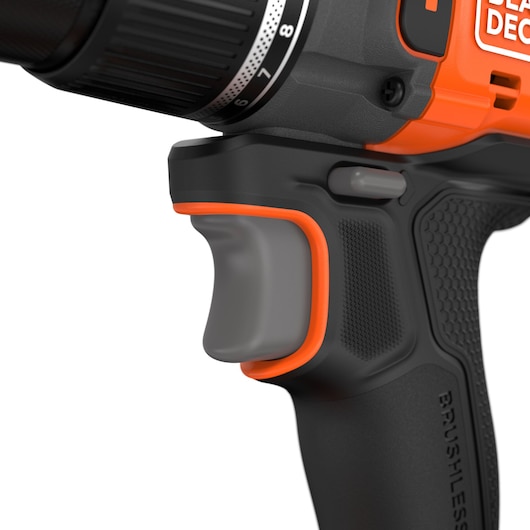 Close-up of the trigger of the BLACK+DECKER� 18V POWERCONNECT� Brushless Hammer Drill.
