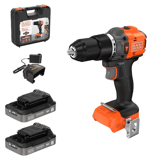 BLACK+DECKER BLD783E2K cordless hammer drill set with two 18V lithium batteries, charger, and carrying case, front angle.