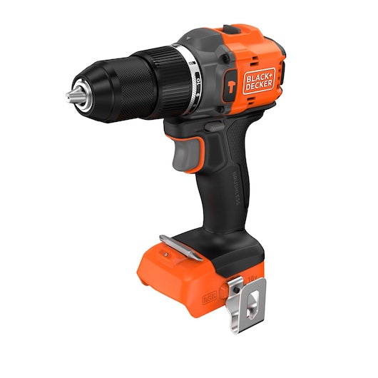 High-angled, front-side view of the BLACK+DECKER® 18V POWERCONNECT™ Brushless Hammer Drill without battery.