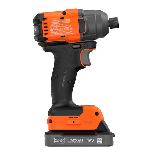 Side view of the BLACK+DECKER� 18V POWERCONNECT� Brushless Impact Driver, facing right.