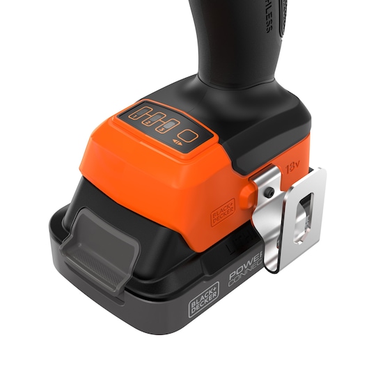 Close-up of the base, belt clip, and battery of the BLACK+DECKER� 18V POWERCONNECT� Brushless Impact Driver.