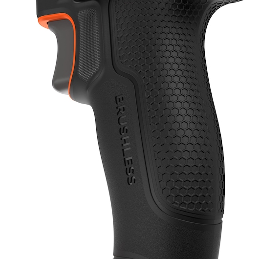 BLACKDECKER BLIM78E1K drill handle close-up, black textured grip with orange accent and brushless label, side angle.