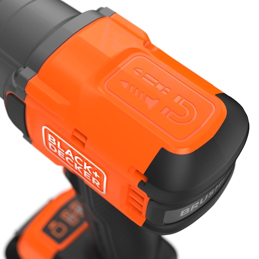 Photo of BLACKDECKER BLIM78E1K brushless power tool handle, showing orange and black casing with control icons.