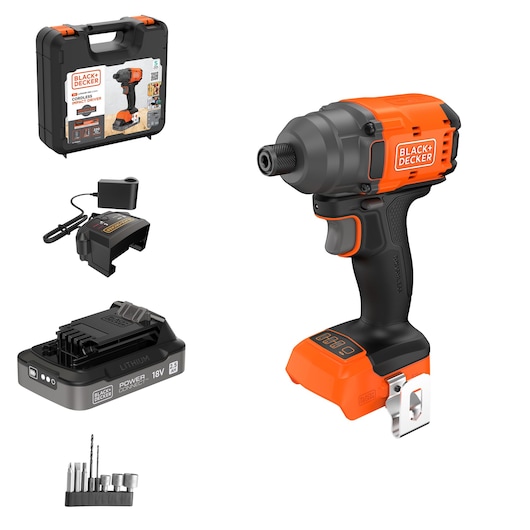 BLACK+DECKER BLIM78E1K cordless impact driver kit with hard case, charger, battery, and bit set, front angle.